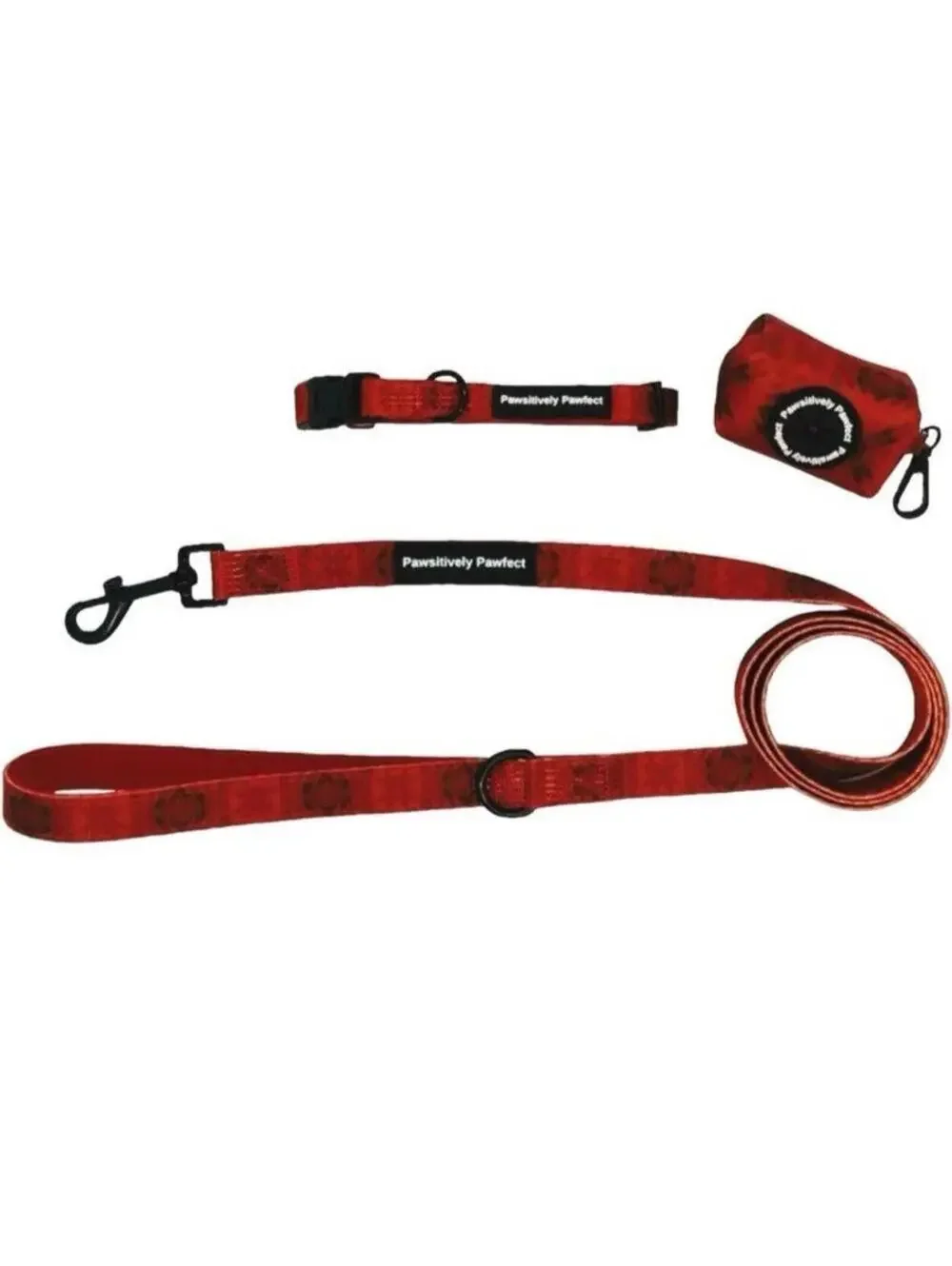 Dog Harness Leash Collar Set Red Black Medium w/ Poop Bags & Dispenser 4pc Lot